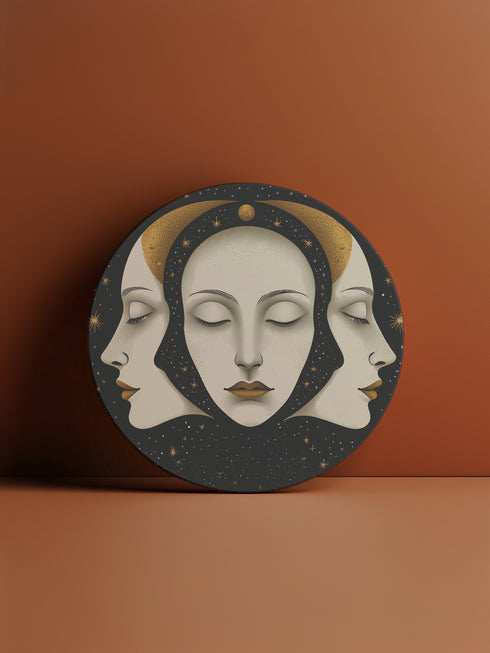 Circular ceramic coaster with a black, star-speckled background. Three white faces are depicted: a central face looking forward and two profiles on either side, all with closed eyes. A golden crescent moon arches over the central face. The coaster has a white rim indicating a cork backing and is 4.04 inches in diameter.